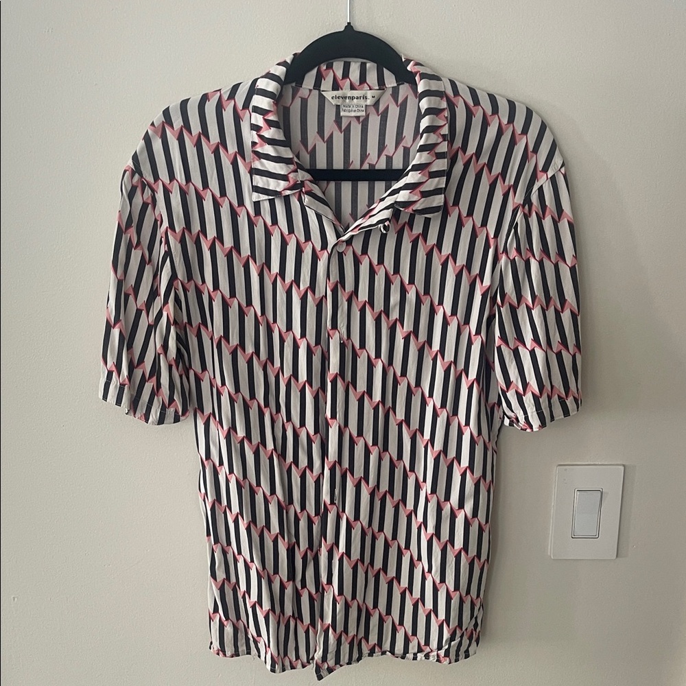 Eleven Paris Pink, Black, and White Geometric Men's Shirt